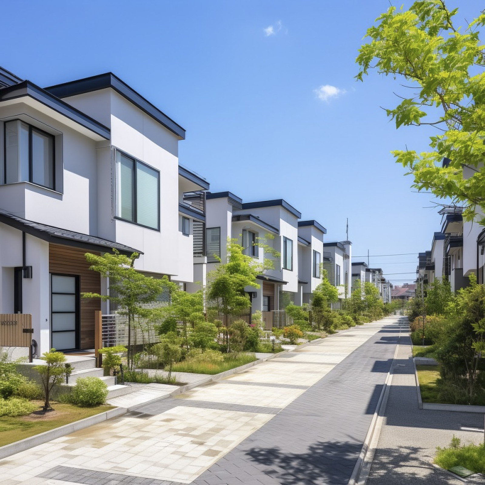 住宅街、住宅地、一戸建て、建物、自然がある、住宅、明るい、晴れ、整備された道、フリー素材、Residential area, residential area, detached house, building, nature, house, bright, sunny, maintained road, free material,