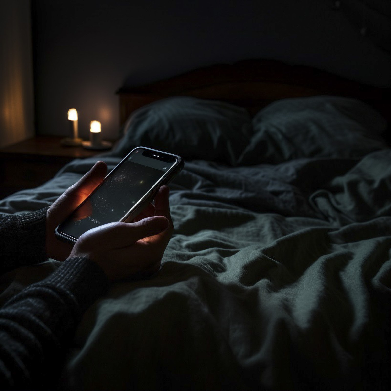 寝室、ベッド、布団、夜、寝る前、睡眠不足、眠れない、スマートフォン、携帯電話、手、最新、デジタル、家電、機械、フリー素材、Bedroom, bed, futon, night, before going to bed, lack of sleep, unable to sleep, smartphone, mobile phone, hand, latest, digital, home appliance, machine, free material,
