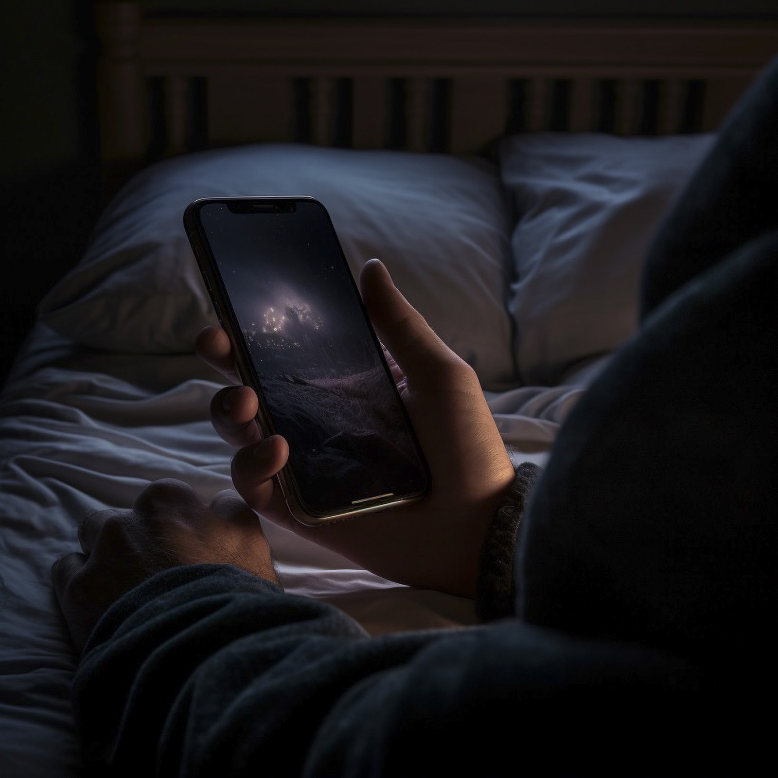 寝室、ベッド、布団、夜、寝る前、睡眠不足、眠れない、スマートフォン、携帯電話、手、最新、デジタル、家電、機械、フリー素材、Bedroom, bed, futon, night, before going to bed, lack of sleep, unable to sleep, smartphone, mobile phone, hand, latest, digital, home appliance, machine, free material,