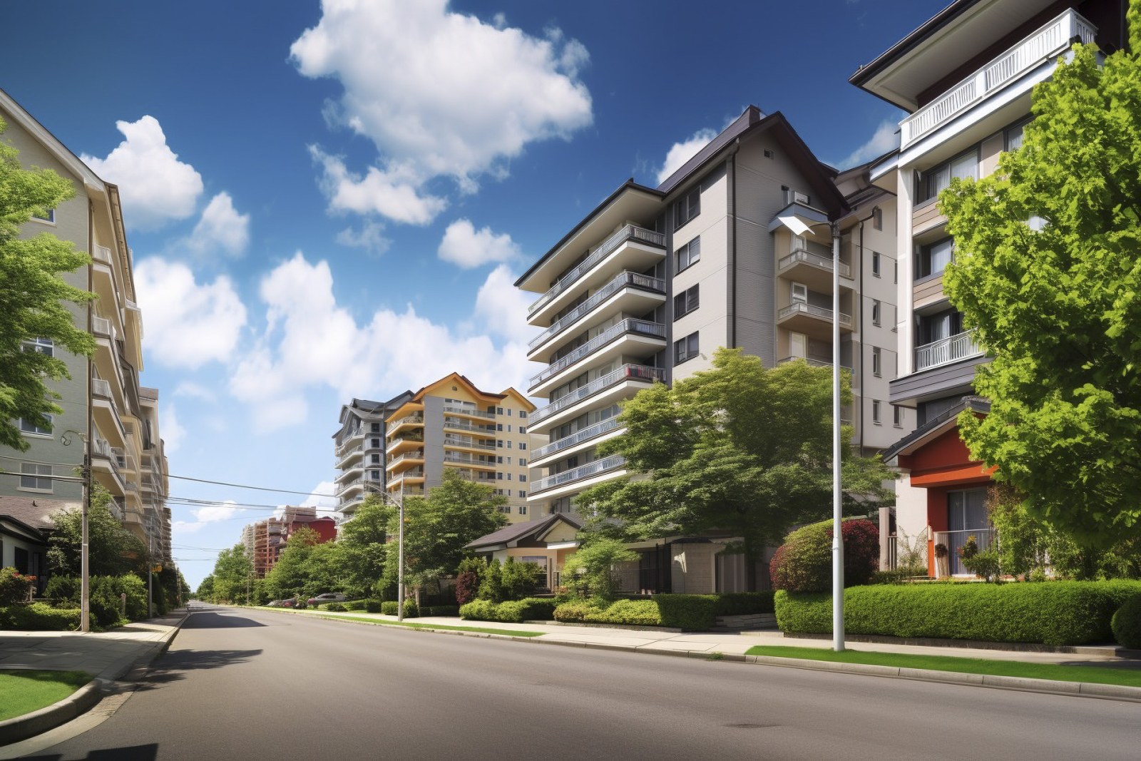 住宅地、マンション、アパート、一戸建て、建物、自然がある、住宅、明るい、晴れ、整備された道、フリー素材、Residential area, condominium, apartment, detached house, building, nature, house, bright, sunny, well-maintained road, free material