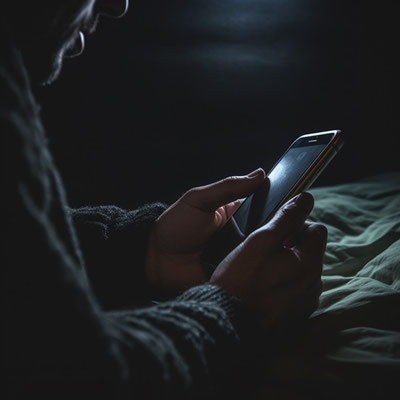 暗い部屋で寝ながらスマートフォンを見る人