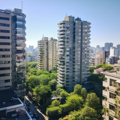 木々に囲まれている高層マンション