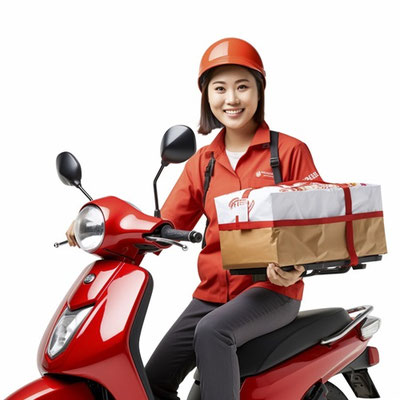 バイクに乗る配達員(女性)
