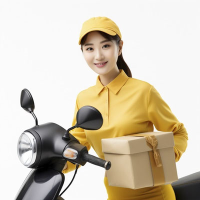 バイクに乗る配達員(女性)
