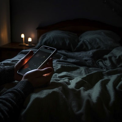 暗い部屋で寝ながらスマートフォンを見る人