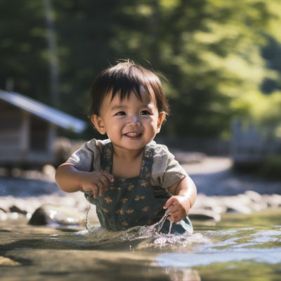 川で遊ぶ幼児