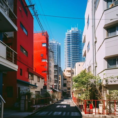 真っ赤な建物と高層マンション