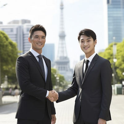 会社で握手するサラリーマン