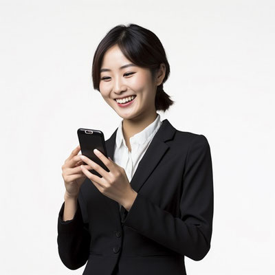 スマートフォンを見て笑うOL