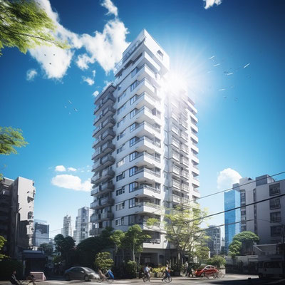 晴れた日のマンションと人々