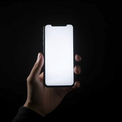 暗い部屋で片手でスマートフォンを持つ