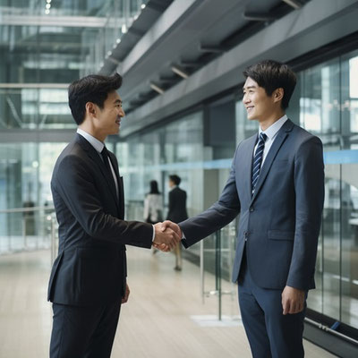 会社で握手するサラリーマン
