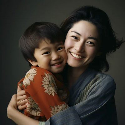 一昔前の抱きしめあう母と子供